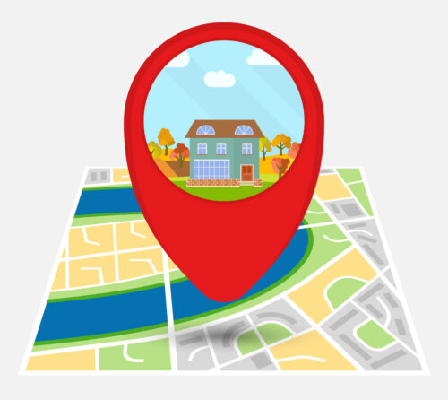 Map of an imaginary city with point on the map with a lonely hou